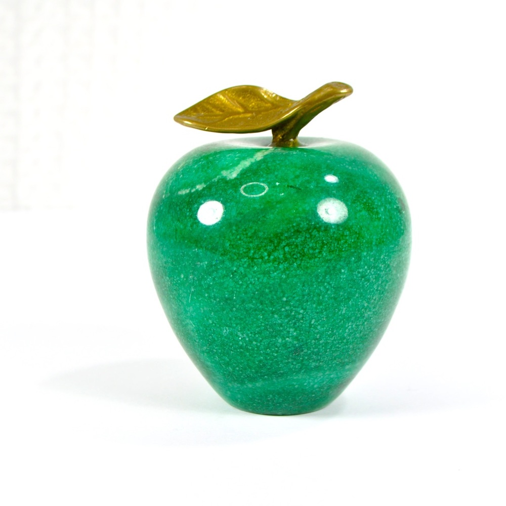 Vintage Midcentury Marble Green Apple Paperweight With Brass Stem